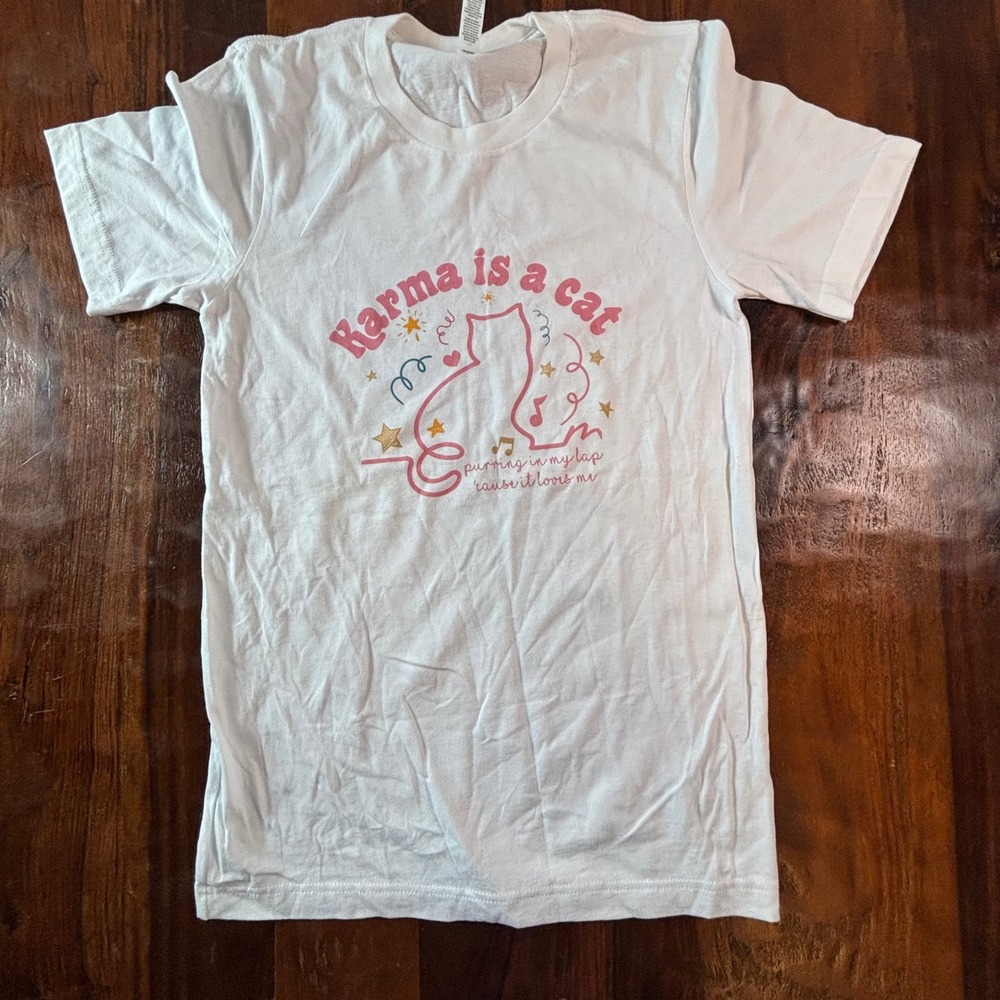 Bella+Canvas Karma Is A Cat Taylor Swift Graphic Tee White XS Midnights Lyric
